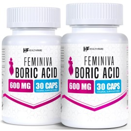 Healthfare Feminiva Boric Acid Suppositories | 2-Pack | 30 Vaginal Suppositories Each | 600mg | 100% Pure | Made in The USA