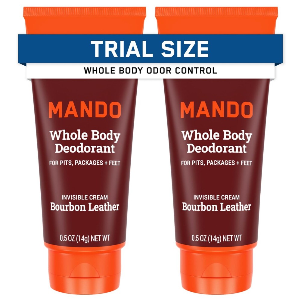 Mando Whole Body Deodorant - Mini Travel Size Invisible Cream Tube - 72 Hour Odor Control - Aluminum and Baking Soda Free, Skin Safe - .5 oz (Pack of 2) (Bourbon Leather)