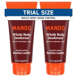 Mando Whole Body Deodorant - Mini Travel Size Invisible Cream Tube - 72 Hour Odor Control - Aluminum and Baking Soda Free, Skin Safe - .5 oz (Pack of 2) (Bourbon Leather)