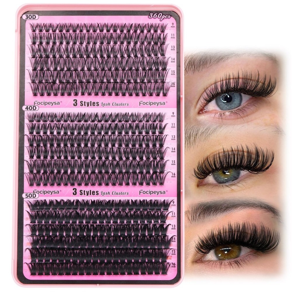 Focipeysa Fluffy 360pcs Lash Clusters 30P+40P+50P DIY Lash Extension Volume Thick Clusters Lashes D Curl Eyelash Extension 9-16mm Individual Lash for Self Application at Home