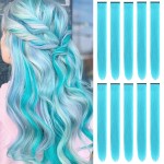 TOFAFA 22 inch Colored Hair Extensions, Light Blue Party Highlights Clip in Synthetic Hair Extensions, Color Party Long Straight Hairpieces for Kids Girls Women(10 PCS Sky Blue)