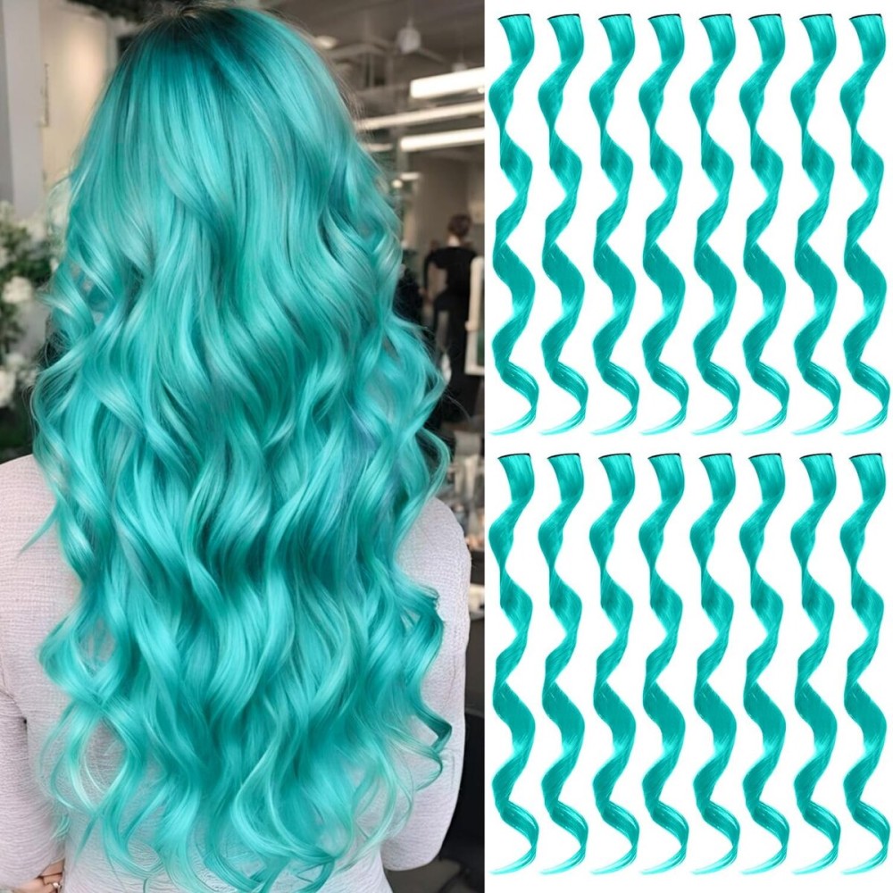 TOFAFA 16 Pcs Colored Hair Extensions Curly Wavy Clip in Synthetic Hair Extensions,Colorful Party Highlights Hairpiece Streak for Girls Women Kids(Teal Blue)