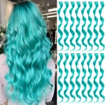 TOFAFA 16 Pcs Colored Hair Extensions Curly Wavy Clip in Synthetic Hair Extensions,Colorful Party Highlights Hairpiece Streak for Girls Women Kids(Teal Blue)