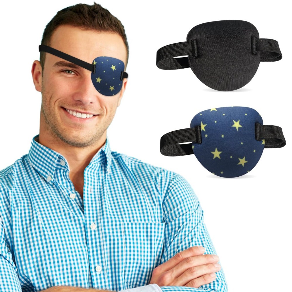 2 Pcs 3D Eye Patches for Adults and Kids, Adjustable Medical Eyepatch for Right or Left Eye,One Eye Cover for Amblyopia Lazy Eye,Pirate Costume(Black,Stars