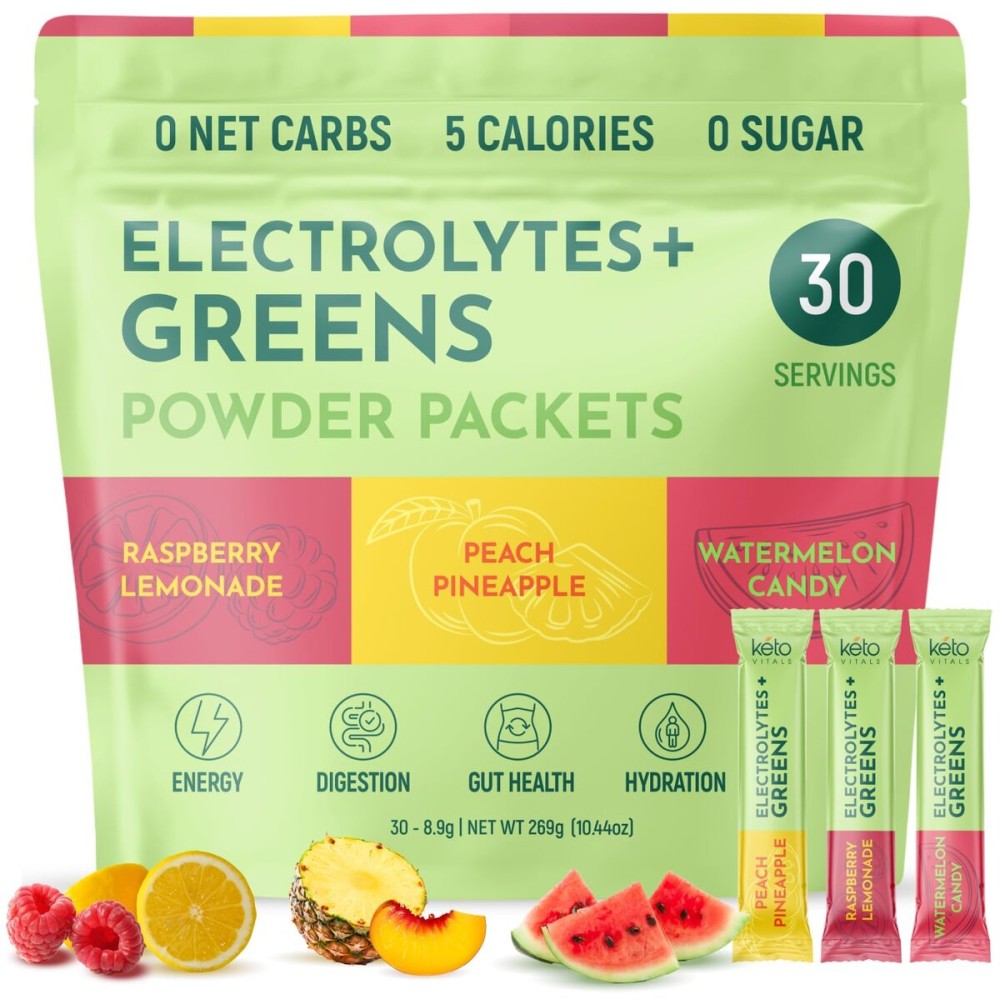 Keto Vitals Keto Electrolytes Plus Greens Superfood Powder Packets - 30 Servings Super Greens Powder Packets with Sugar Free Electrolytes for Hydration, Gut Health & Digestion - Green Drink Mix