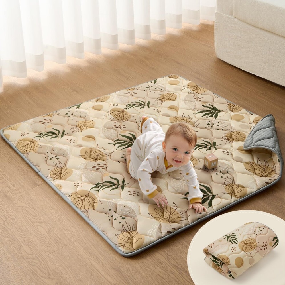 Blissful Diary Portable Baby Play Mats for Floor, Thick Cushioned Foldable Baby Crawling Mat for Indoor Outdoor, Non-Slip & Washable Kids Playmat for Tummy Time Activity, Earth Tones 43 X 43