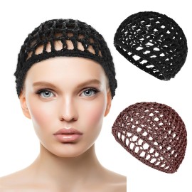 Hair Net Wrap 2 PCS Elastic Sleep Nets Hairnet Knit Sleeping Cover Breathable Crochet Head Cap Stretchy Mesh Bandana Anti Frizz Shower Bathing Hats Press Absorption Curly Straight Hair(Brown/Black)