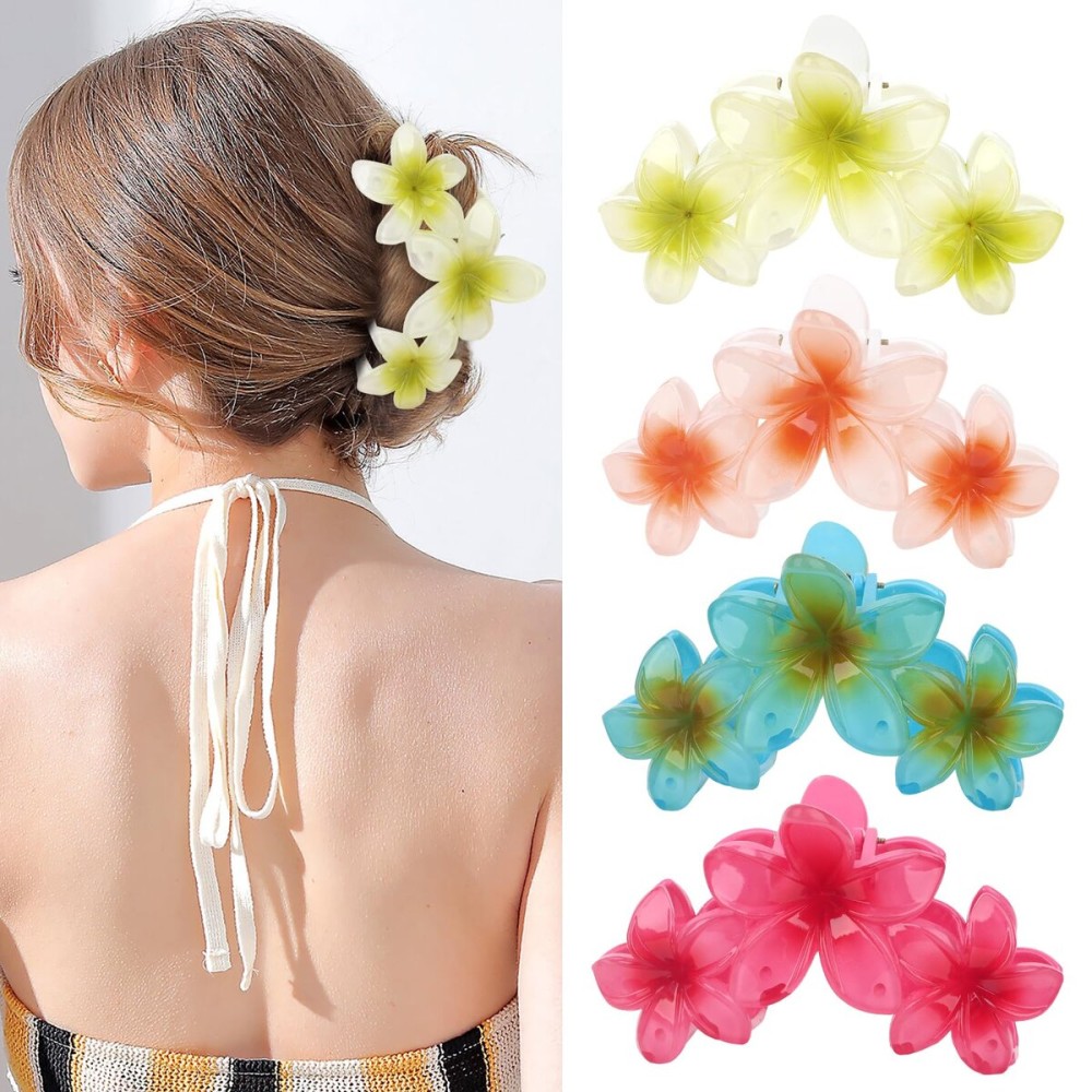 4PCS Flower Hair Clips Claw Clips for Thick Hair Non-Slip Strong Hold Flower Clip Cute Plumeria Hair Clips for Women Girls (Colorful)
