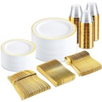 bUCLA 300PCS Gold Disposable Dinnerware Set - White and Gold Plastic Plates - Include 50 Each (Dinner&Dessert) Plates,50 Knives,50 Forks,50 Spoons,50 Cups for Party