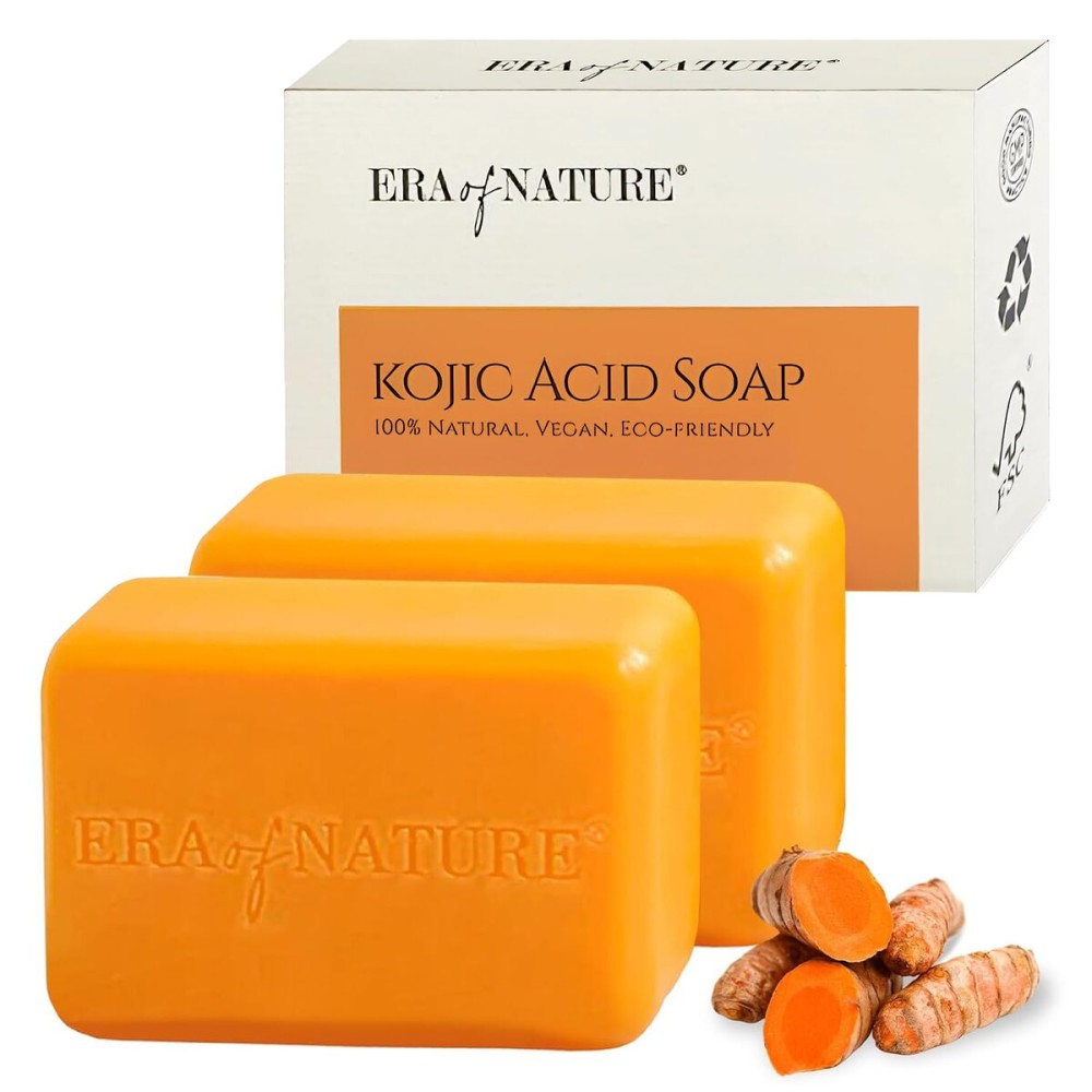 era of nature Turmeric Kojic Acid Soap with Vitamin C - Gentle Brightening Bar for Face Underarms Bikini Area and Body - Moisturizing Shea Butter - 2 Pack 200g