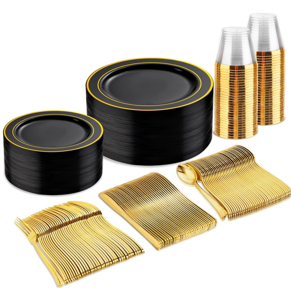 bUCLA 150 Pieces Black and Gold Disposable Dinnerware Set - 25 Guests Black Gold Plastic Plates Include 25 Dinner & 25 Dessert Plates, 25 Spoons, 25 Forks, 25 Knives, 25 Cups for Party & New Year