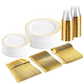 bUCLA 150PCS Gold Plastic Dinnerware Set Disposable - Heavy Duty Gold Plates Include 25 Dinner & 25 Dessert Plates,25 Forks,25 Knives,25 Spoons&25 Cups for Party&Wedding