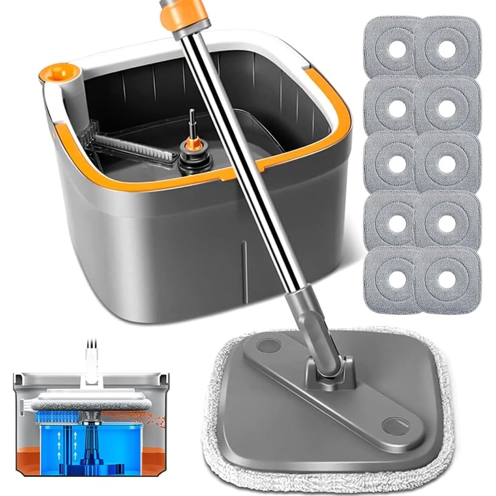 KZKR Spin Mop and Bucket Set with 10 Replaceable Microfiber Mop Pads with Self Separation Dirty and Clean Water System, Self Wringing 360 Rotating Square Mop Head for Hardwood Tile Marble Floors
