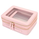Aveniee XL Clear Makeup Organizer,Double Layer Travel Cosmetic Case with Brush Holder & Zippered Compartments,Big Toiletry Bag for Travel Accessories,2 Layers Large,Pink