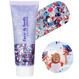 Go Ho Red White and Blue Body Glitter,Patriotic Pride Face Glitter Gel,4th of July Outfits for Women Reflective Glitters Makeup,Holographic Long Lasting Chunky Sequins,Fourth of July USA Accessories