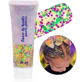 Go Ho Face Body Glitter Gel,Mardi Gras Outfit for Women and Kids,Sparkly Holographic Party Festival Rave Mardi Gras Accessories for Carnival,Gold Green Purple Chunky Glitter Makeup,52g