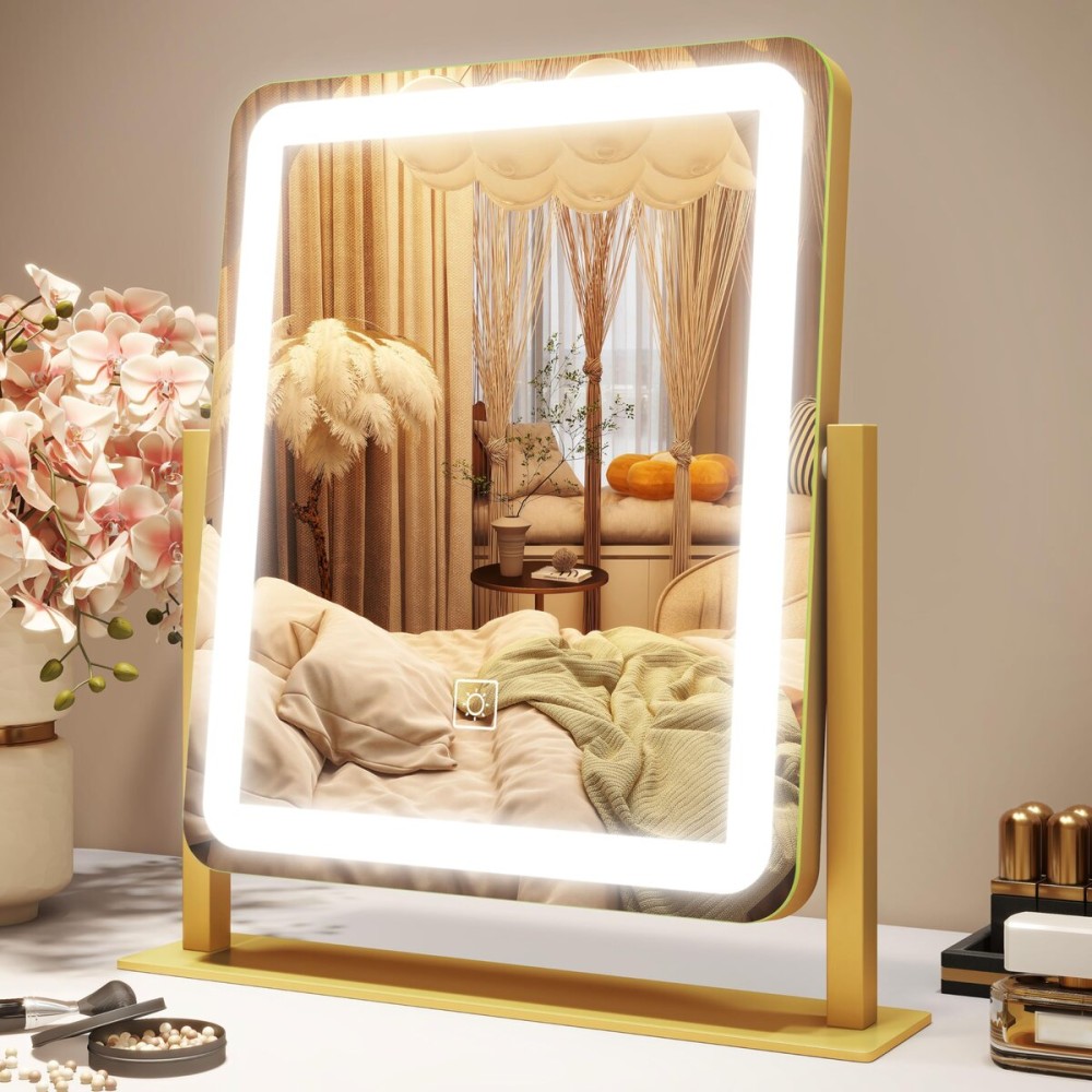 ROLOVE Vanity Mirror with Lights, 12.615 LED Makeup Mirror, Lighted Makeup Mirror with Lights, Smart Touch Control Dimmable 3 Modes Light, Lighted Up Mirror for Makeup Desk, Gold
