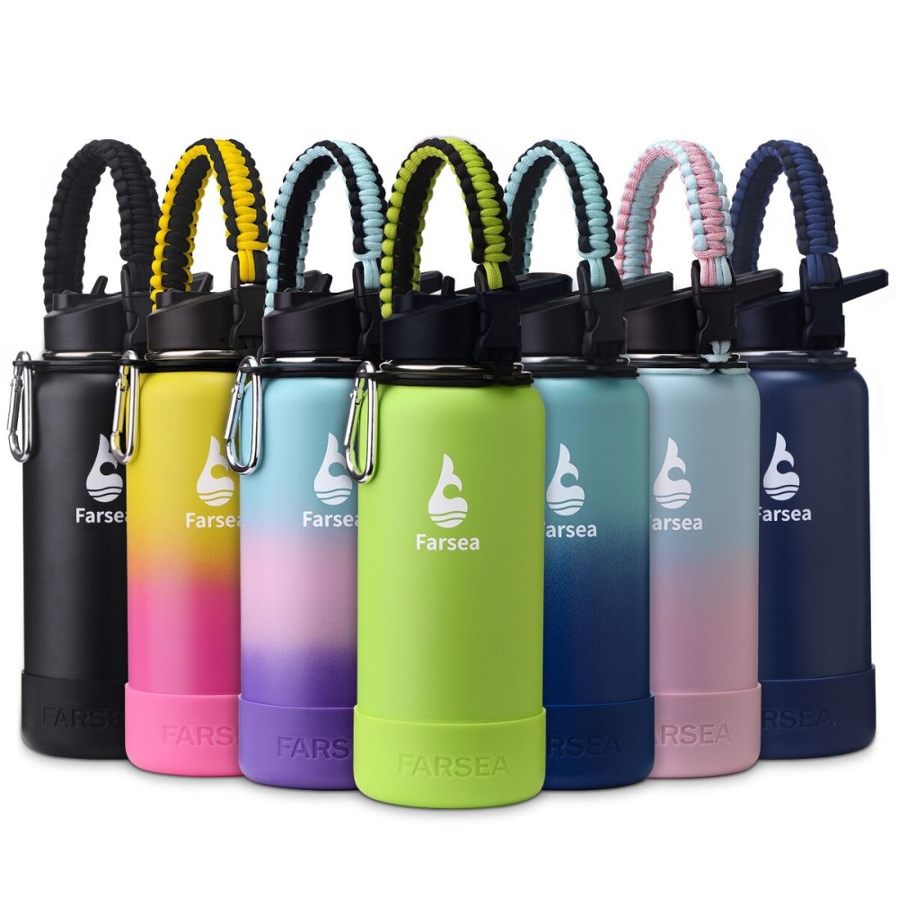Farsea Insulated Water Bottle With Paracord Handle, Protective Boot and 2 Lids (Straw Lid & Spout Lid), Stainless Steel Water Bottle Wide Mouth, Double Wall Sweat-Proof BPA-Free, 32 oz