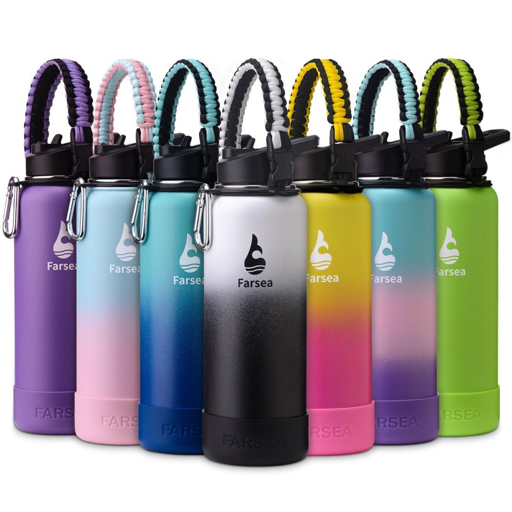 Farsea Insulated Water Bottle With Paracord Handle, Protective Boot and 2 Lids (Straw Lid & Spout Lid), Stainless Steel Water Bottle Wide Mouth, Double Wall Sweat-Proof BPA-Free, 40 oz