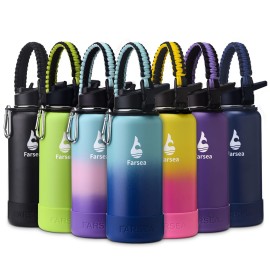 Farsea Insulated Water Bottle With Paracord Handle, Protective Boot and 2 Lids (Straw Lid & Spout Lid), Stainless Steel Water Bottle Wide Mouth, Double Wall Sweat-Proof BPA-Free, 32 oz