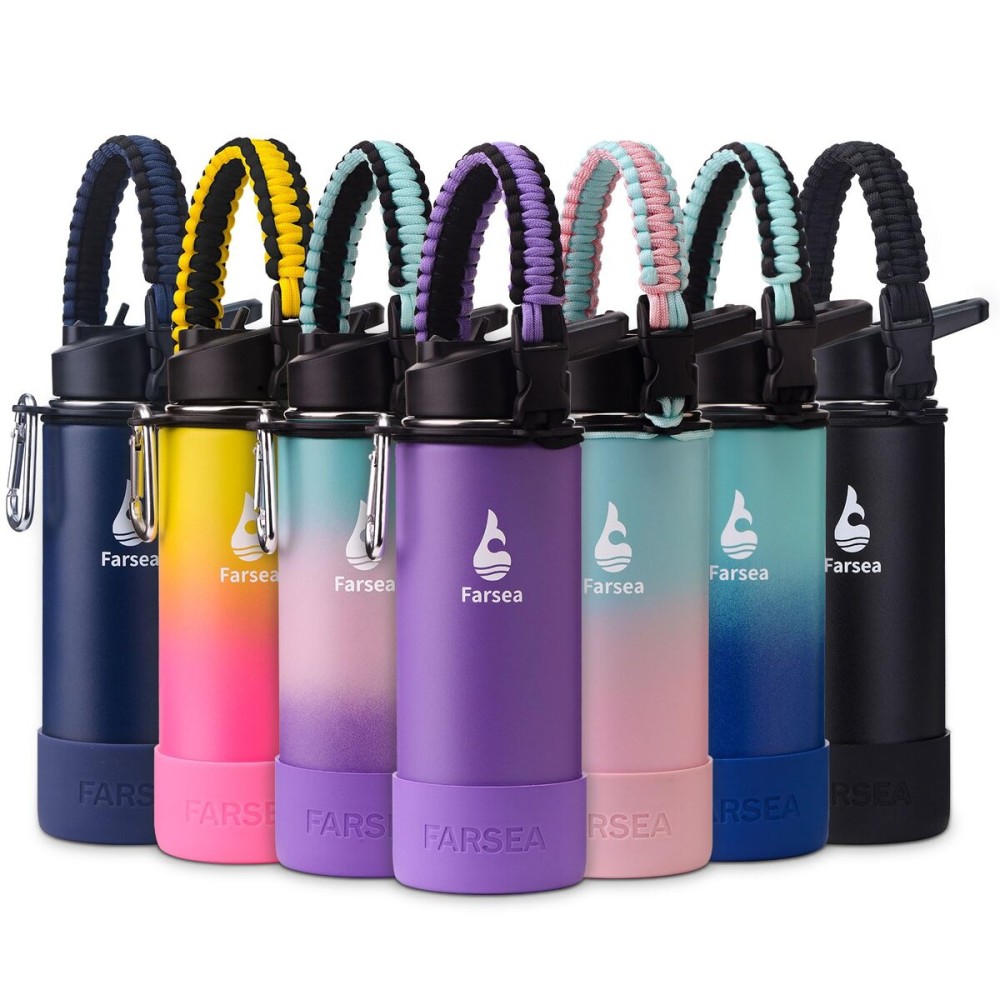 Farsea Insulated Water Bottle With Paracord Handle, Protective Boot and 2 Lids (Straw Lid & Spout Lid), Stainless Steel Water Bottle Wide Mouth, Double Wall Sweat-Proof BPA-Free, 18 oz