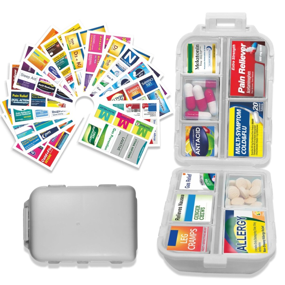 Pill Organizer with Medicine Labels 146 Labels Travel Daily Pill Container Mini Medication Organizer Storage Pill Organizer Travel Essentials Pill Case 7 Day (Grey, 1 Pack-Large)