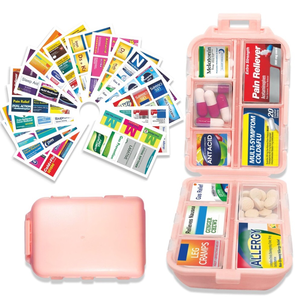 Pill Organizer with Medicine Labels 146 Labels Travel Daily Pill Container Mini Medication Organizer Storage Pill Organizer Travel Essentials Pill Case 7 Day (Pink, 1 Pack(Large))