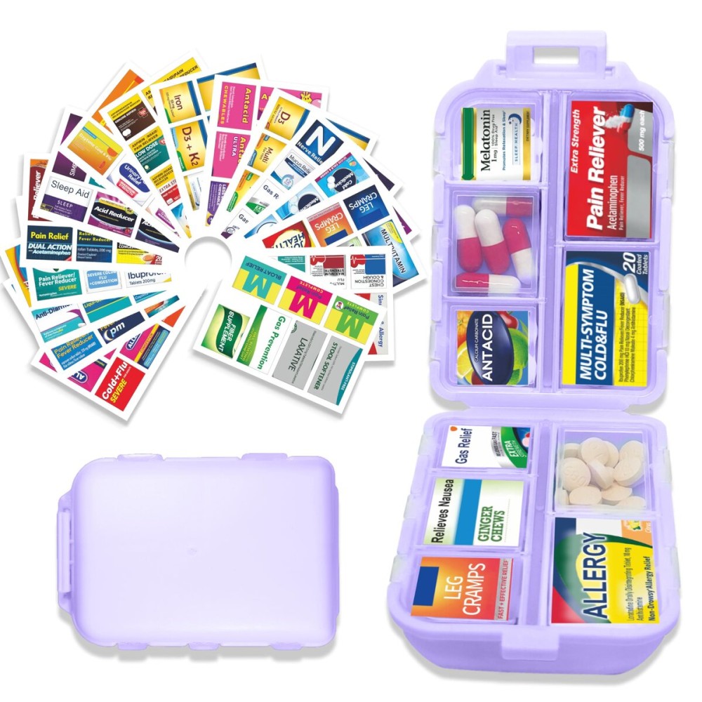 Pill Organizer with Medicine Labels 146 Labels Travel Daily Pill Container Mini Medication Organizer Storage Pill Organizer Travel Essentials Pill Case 7 Day (Purple, 1 Pack(Large))