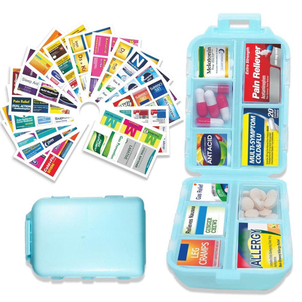 Pill Organizer with Medicine Labels 146 Labels Travel Daily Pill Container Mini Medication Organizer Storage Pill Organizer Travel Essentials Pill Case 7 Day (Blue, 1 Pack(Large))