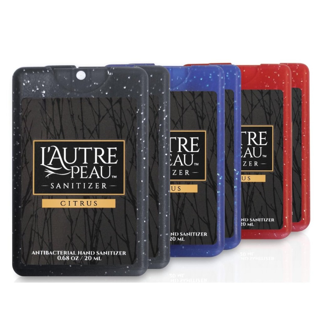 Antibacterial Travel Hand Sanitizer Spray with Aloe Vera by LAUTRE PEAU - Unique Flat Credit Card Shape - Citrus Scented Mini Sparkle Pocket Size (Sparkle Black, Red, Blue, 6 Pack)