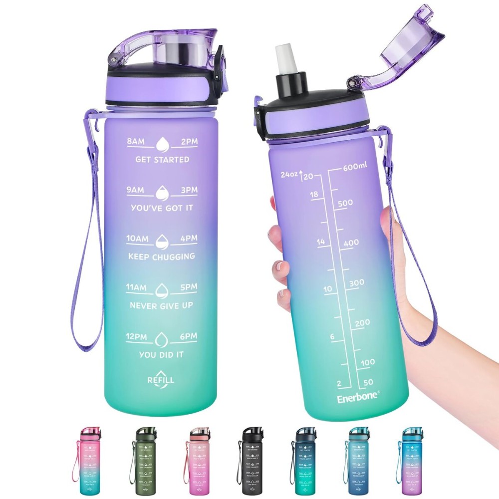 Enerbone 24 oz Water Bottle, Leakproof BPA & Toxic Free, Motivational Water Bottle with Times to Drink and Straw, Fitness Sports Water Bottle with Strap for Office, Gym, Outdoor Sports