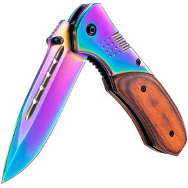 KEXMO Pocket Knife for Men - 3.46 Sharp Blade Wood Handle Pocket Folding Knives with Clip, Glass Breaker - EDC Knives for Survival Camping Fishing Hiking Hunting Women, Rainbow