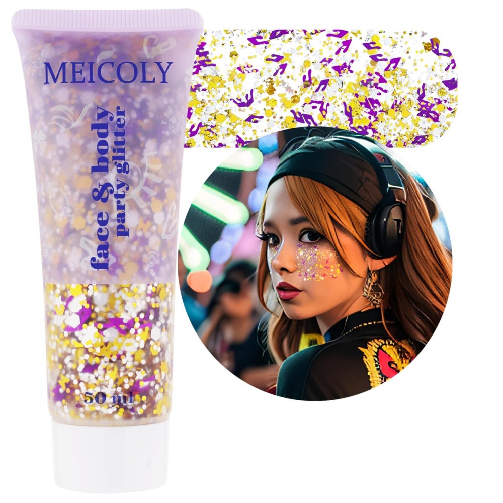 MEICOLY Face Glitter Makeup for Music Festival,Country Concert Outfits for Women,Gold Silver Purple Body Glitter,Halloween Party Accessories Glitter Face Paint,50ml