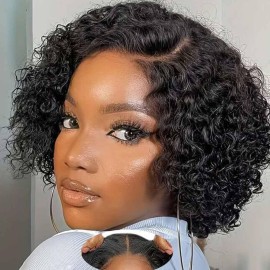 Srakuw Glueless Wigs Human Hair Pre Plucked Pre Cut Wear and Go Water Wave 4x4 Lace Closure Wigs for Black Women 180 Density Curly Bob Wig Human Hair 6 Inch