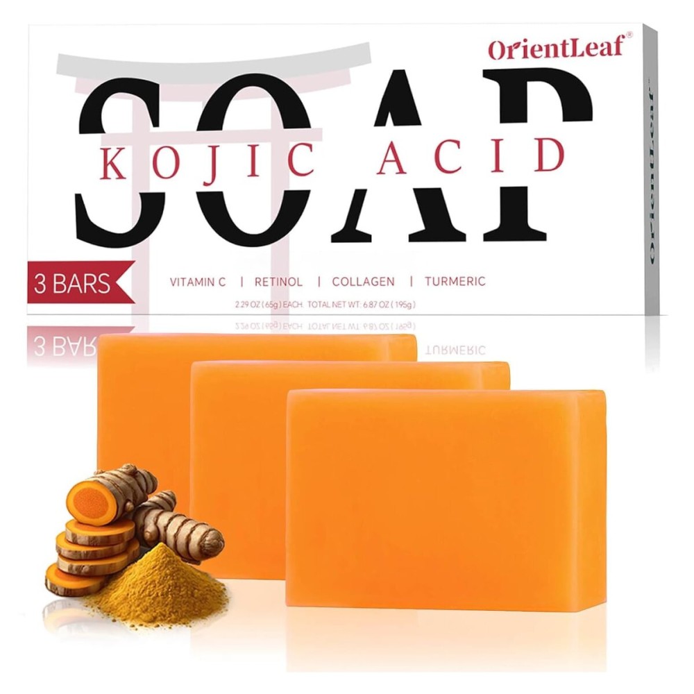 ORIENTLEAF Kojic Acid Soap, Turmeric Soap Bar for Dark Spots, Fresh Citrus Scent, Gentle for Face and Body Wash with Vitamin C, Shea Butter, Retinol, Stocking Stuffers, Christmas Gifts(3 PACK)