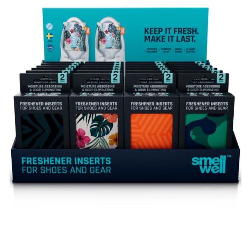 SmellWell - 24 Pack Scented Shoe Deodorizer Inserts - Odor Eliminators - Activated Bamboo Charcoal + Minerals - Natural Fresheners for shoes, bags, gloves - 48 x 1.8oz Team Pack