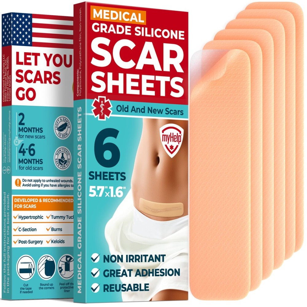 Medical Grade Silicone Scar Sheets - 6pk (5.7x1.6) - Visible Difference on Surgical & Keloid Marks - Reusable C-Section Scar Silicone Strips - Easy to Use Strips