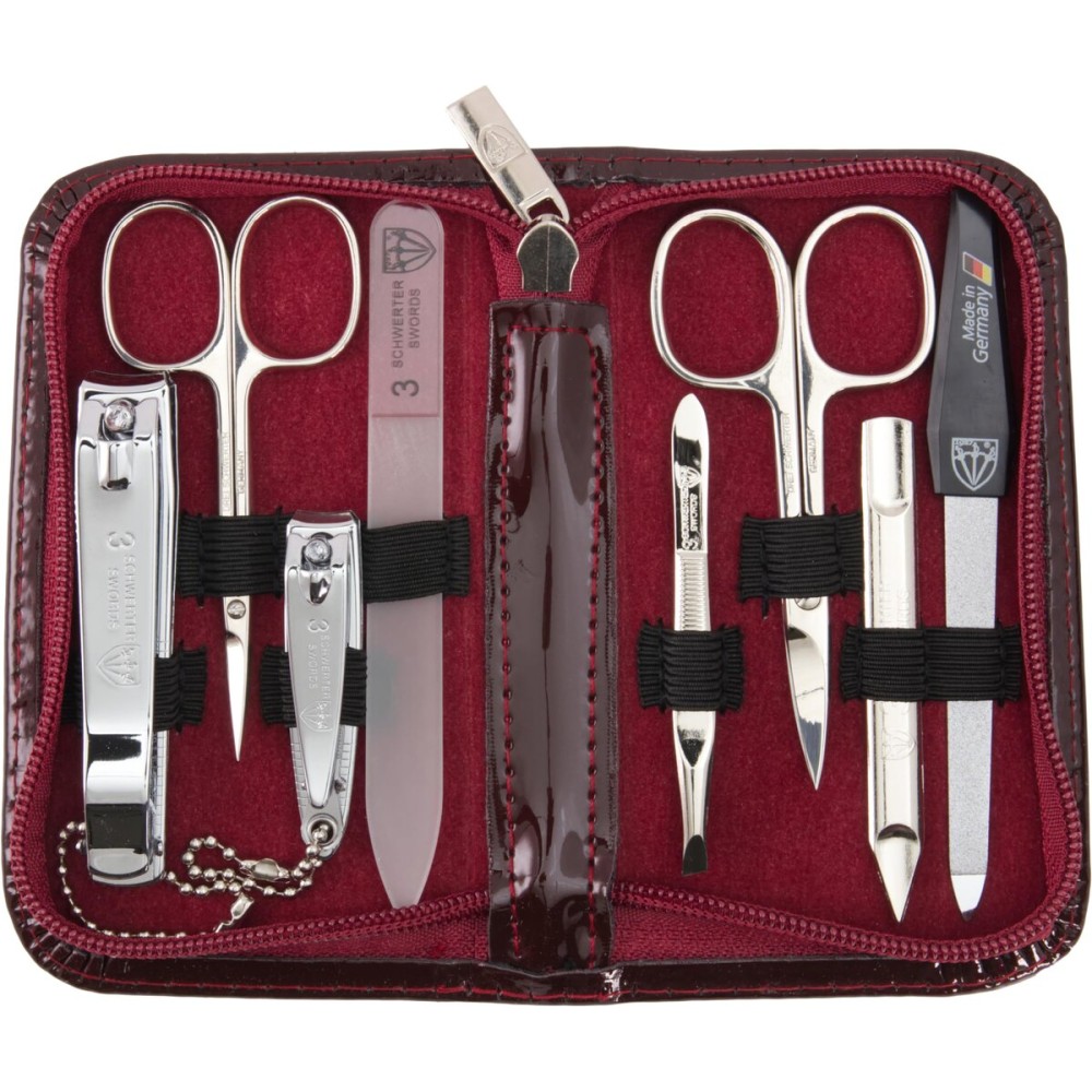 3 Swords Germany - brand quality 8 piece manicure pedicure grooming kit set synthetic leather case shiny burgundy - Made in Germany