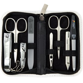 Swords Germany - brand quality 8 piece manicure pedicure grooming kit set for professional nail care genuine leather case white - Made in Germany