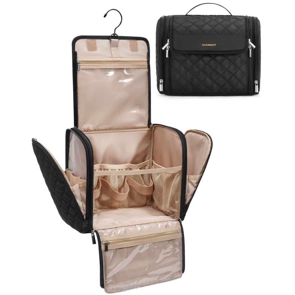 BAGSMART Hanging Travel Toiletry Bag, Large Capacity Water-resistant Cosmetic Organizer with Handle for Brushes Accessories, Black