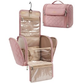 BAGSMART Makeup Bag for Women with Hanging Hook, Large Portable Capacity Water-resistant Organizer Travel Case for Toiletries and Cosmetics, Pink