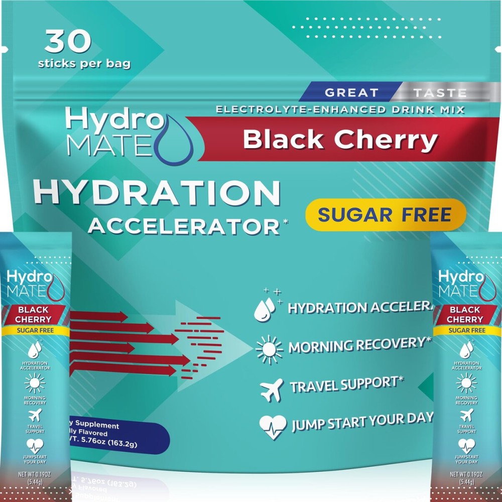 Electrolyte Powder Sugar-Free Hydration Packets Black Cherry HydroMATE 30 Sticks