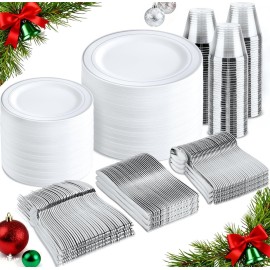 bUCLA 600pcs Silver Plastic Dinnerware Set for 100 Guests - Silver Christmas Dinnerware Set Disposable for Party - Include 100 Dinner Plates,100 Dessert Plates,100Cups,100 Knives,100 Forks,100 Spoons