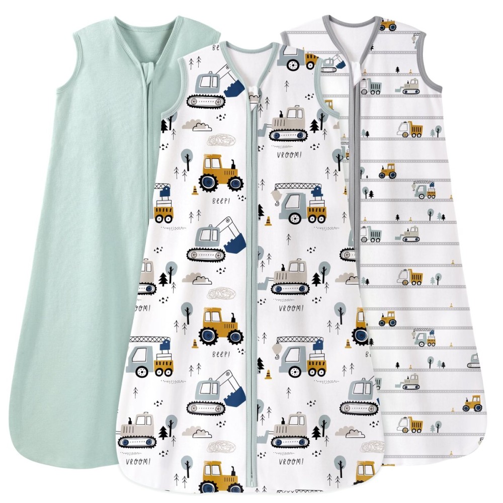 Unnivoll Baby Sleep Sack 12-18 Months 0.5 Tog Wearable Blanket Baby, 3 Pack 100% Cotton Lightweight Sleeping Sack with 2-Way Zipper for Infant Toddler Excavator