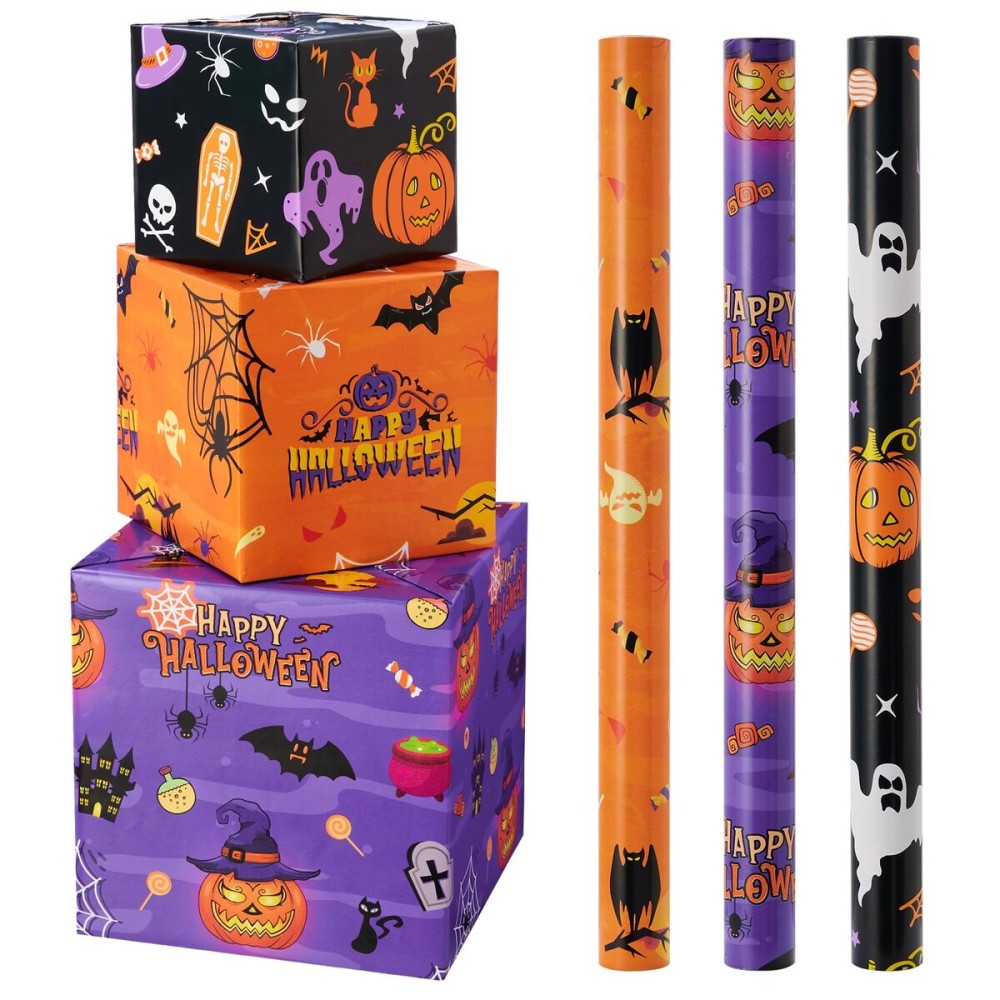 WERNNSAI Halloween Wrapping Paper Rolls - 3 Rolls 17 x 120 Halloween Pumpkin Wrapping Paper Black Hallows Eve Decor Ghost Spider Design Gothic Wrapping Paper Hallow Party Decor Supply
