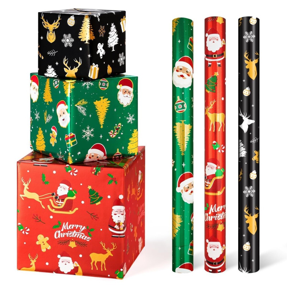 WERNNSAI Christmas Kids Wrapping Paper - 3 Rolls 17 x 120 Kids Christmas Foil Wrapping Paper Rolls Girls Boys Christmas Santa Wrapping Papers Christmas Birthday Gift Wrap Paper with Cutting Line