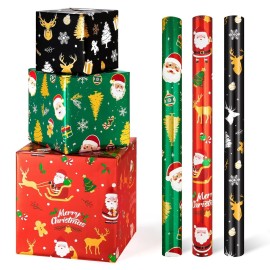 WERNNSAI Christmas Kids Wrapping Paper - 3 Rolls 17 x 120 Kids Christmas Foil Wrapping Paper Rolls Girls Boys Christmas Santa Wrapping Papers Christmas Birthday Gift Wrap Paper with Cutting Line