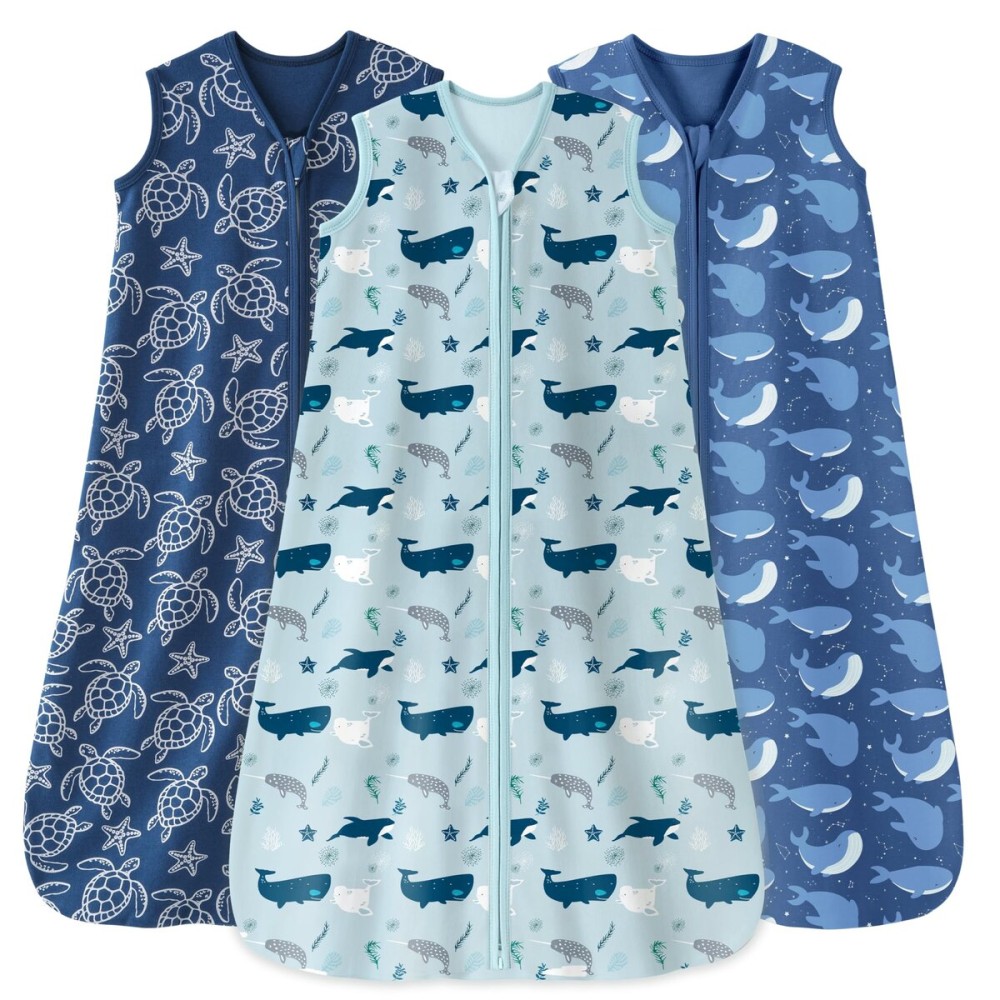 Unnivoll Baby Sleep Sack 0-6 Months 0.5 Tog Wearable Blanket Baby, 3 Pack 100% Cotton Lightweight Sleeping Sack with 2-Way Zipper for Newborn Infant Shark