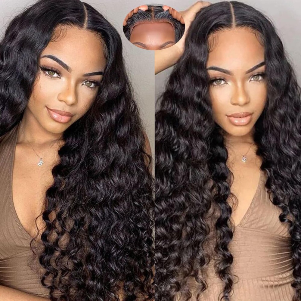 Bugtum Glueless Wigs Human Hair Pre Plucked Pre Cut 5x5 Hd Lace Closure Wear and Go Deep Wave Curly Lace Front Wigs for Black Women Wet and Wavy Natural Hairline (24 Inch)