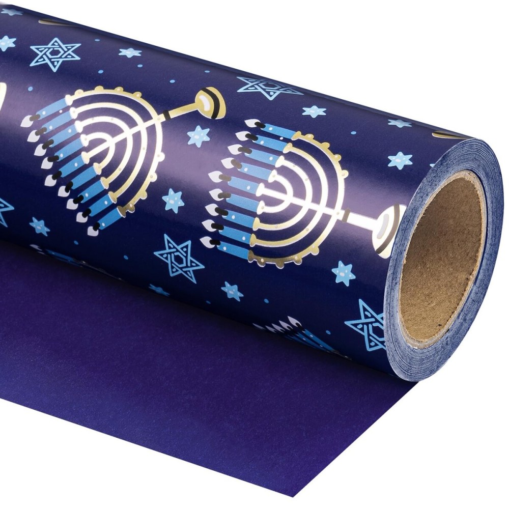 WRAPAHOLIC 30 Inch Jumbo Reversible Hanukkah Wrapping Paper - 30 Inch x 100 Feet Jumbo Roll Blue Menorah Lights Chanukah Wrapping Paper Perfect for Hanukkah, Chanukah, Holiday
